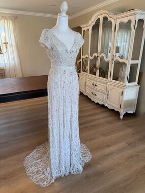 Sherri Hill Ivory Beaded Lace V-Neck Bridal Gown